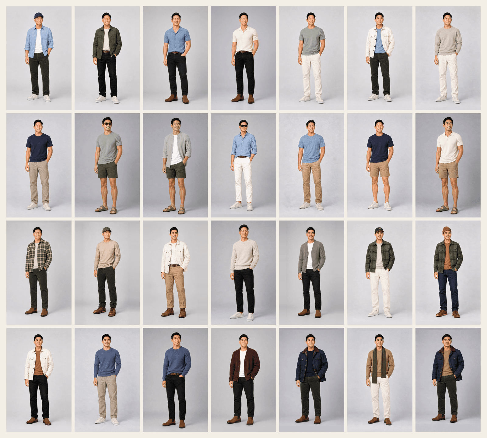 Seasonal outfit map showing 28 spring, summer, fall, and winter outfits across casual and date modes.