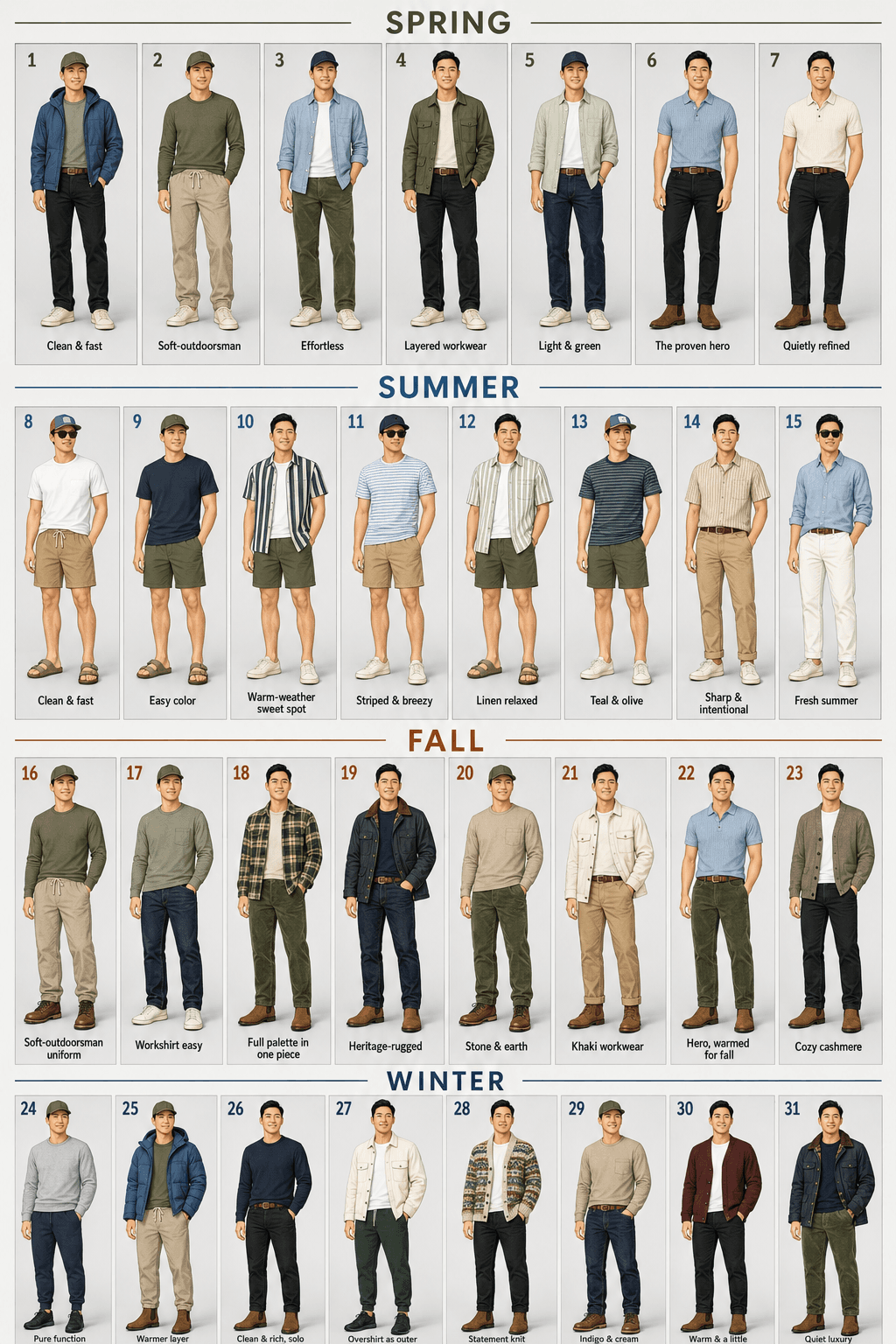 Seasonal outfit map showing 31 spring, summer, fall, and winter outfits across dad, casual, and date modes.