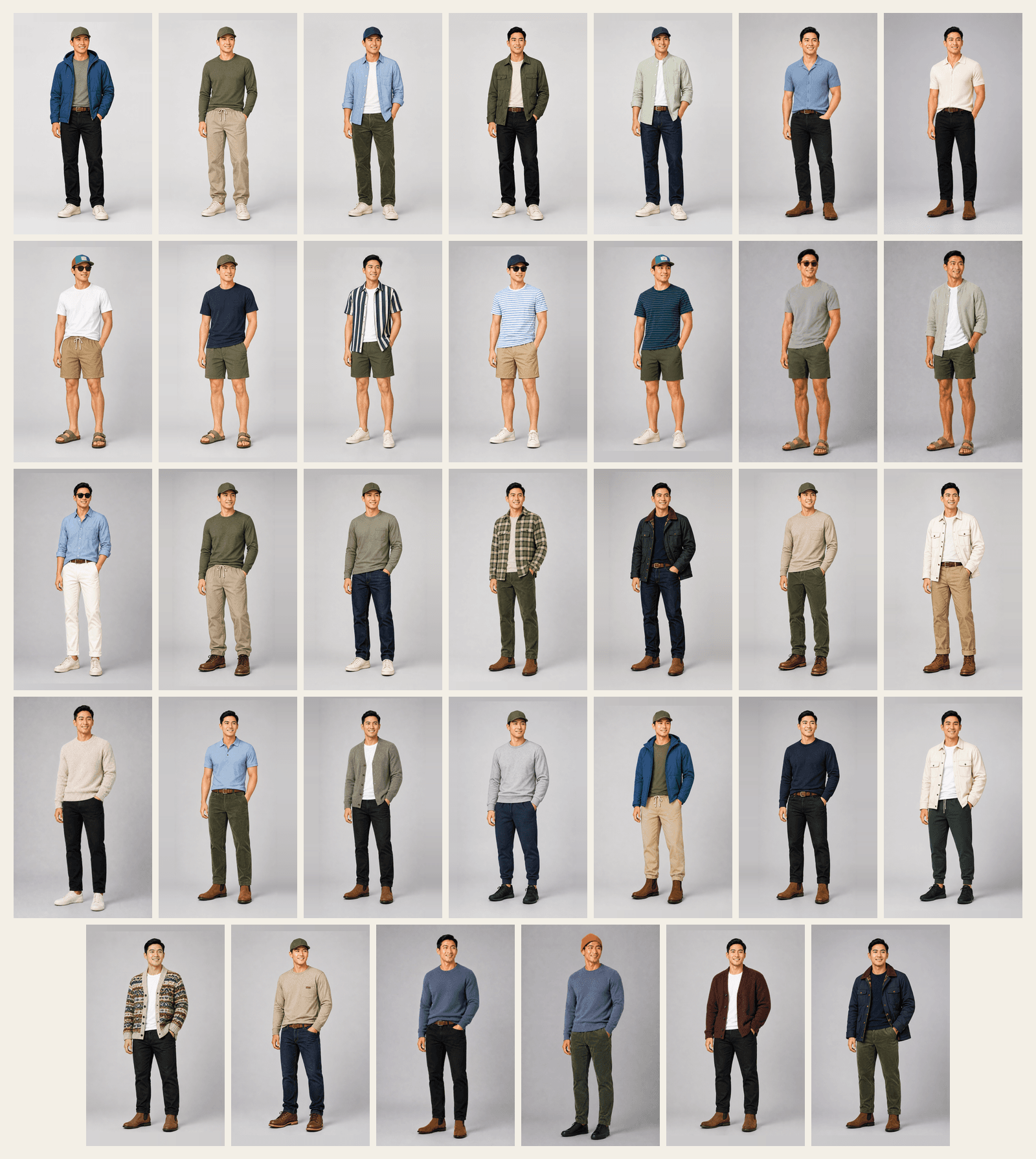 Seasonal outfit map showing 34 spring, summer, fall, and winter outfits across dad, casual, and date modes.